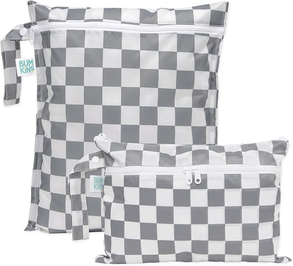 Bumkins - Waterproof Wet Bag & Wet/Dry Clutch Bags - For Beach, Baby, Travel, Swim Suit, Cloth Diapers, Pump Parts, Pool, Gym, Toiletries - Reusable & Easy to Clean - Gray Check - 2 Pack
