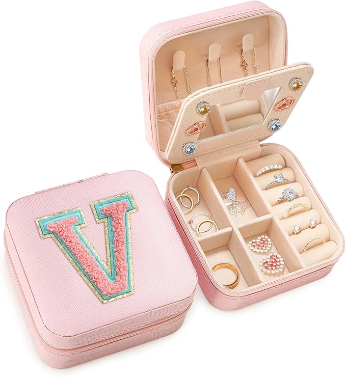 SANDJEST Personalized Jewelry Box, Pink Travel Jewelry Box with Initial V, Small Monogrammed Jewelry Case Organizer for Girls Women Teen Kids, Mini Travel Essentials Gifts for Birthday Christmas