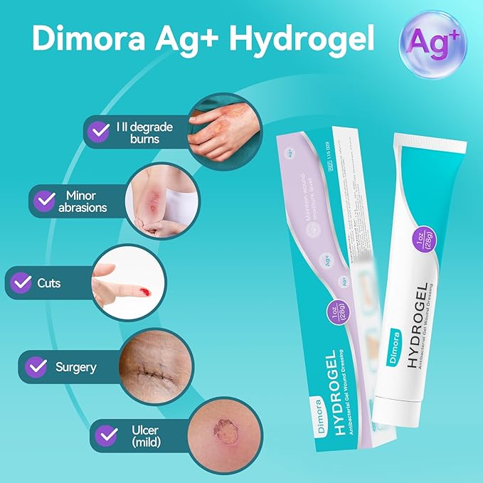 Dimora Antibacterial Gel Wound Dressing 1oz - Silver Hydrogel First Aid Ointment for Wound Healing, Antibacterial Care for Minor Cuts, Abrasions, Lacerations & Burns, Safe Non-Amorphous Formula