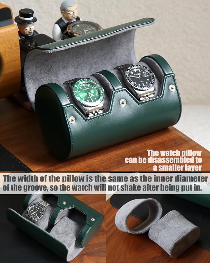 Watch Roll Travel Case for Men and Women with Suede Lining Portable 2 Slot Watch Display Storage and Organizer to Holder Large Watch(2 slot green)