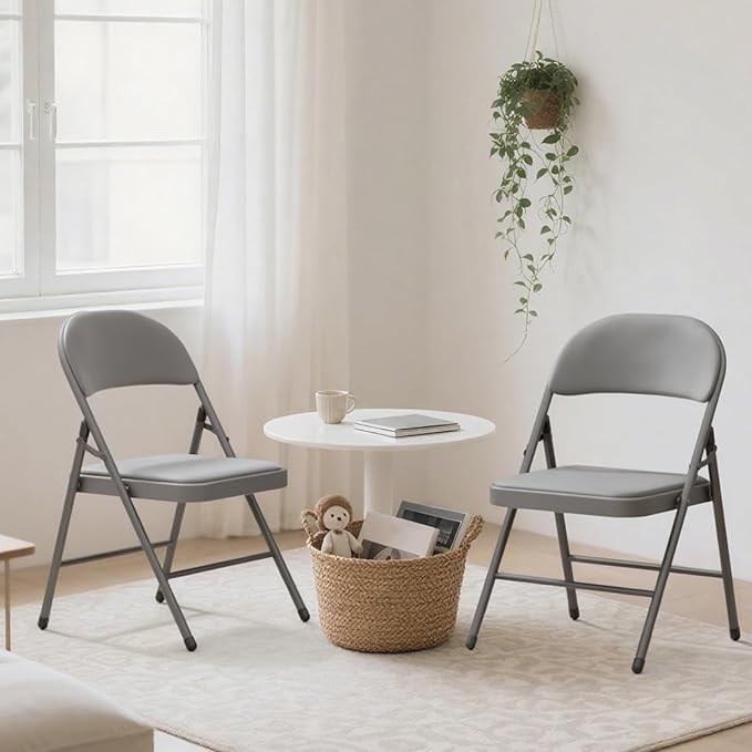 8 Pack Gray Folding Chairs with Padded Cushion for Outside, Portable Stackable Commercial Metal Foldable Chairs with Steel Frame for Home Events Office Wedding Party, 350lbs Capacity
