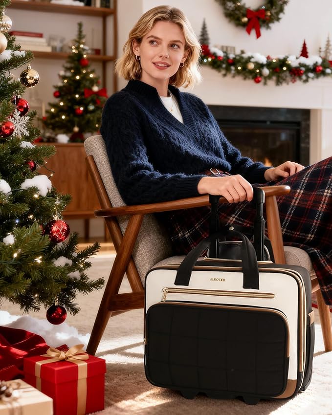 Rolling Puffer Laptop Bag, Rolling Briefcase for Women, Wheeled 16 Inch Computer Bag, Water Resistant Stylish Overnight Underseat Carry On Luggage with Wheels for Work Travel Business, Beige Brown