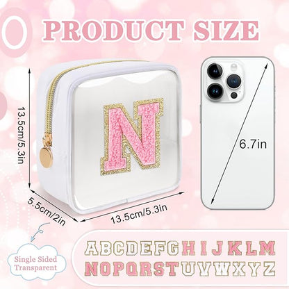 Mini Clear Personalized Initial Makeup Bag,Nylon Preppy A-Z Chenille Letter Patch Zipper Cosmetic Bag, Small Cute Beach Pouch Travel Purse Sanitary Napkin Storage Bag for Women Girls(White-Pink N)