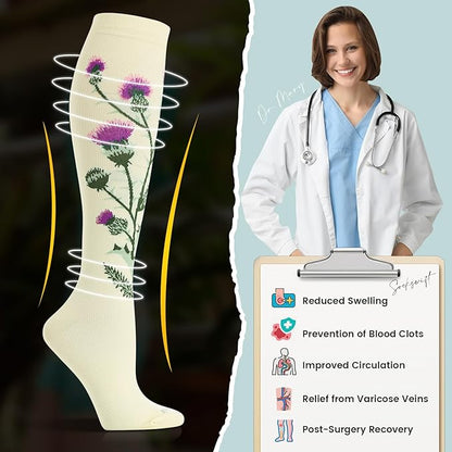 Floral Compression Socks for Women 20-30mmHg Knee High, Best for Ladies, Nurses, Pregnancy, Travel