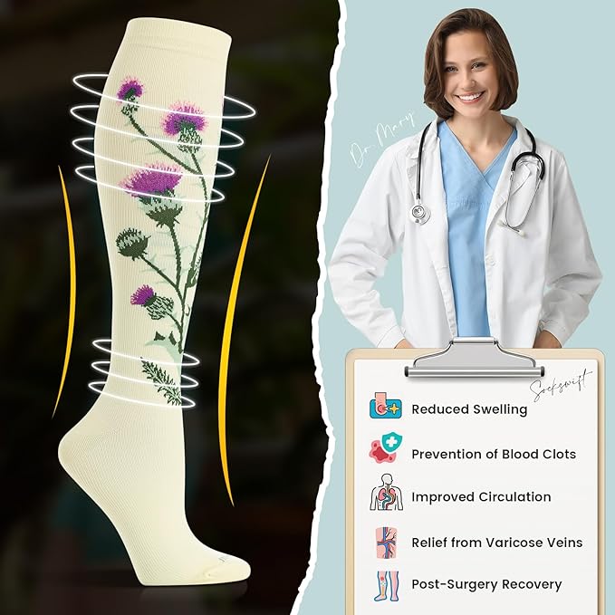 Floral Compression Socks for Women 20-30mmHg Knee High, Best for Ladies, Nurses, Pregnancy, Travel
