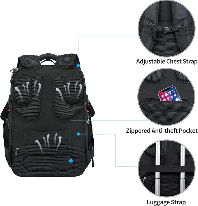 KROSER Friendly Travel Laptop Backpack 17.3 inch XXXL Gaming Backpack Water-Repellent College Daypack Business Backpack with RFID Pockets & USB Port for Men/Women-Black/Grey