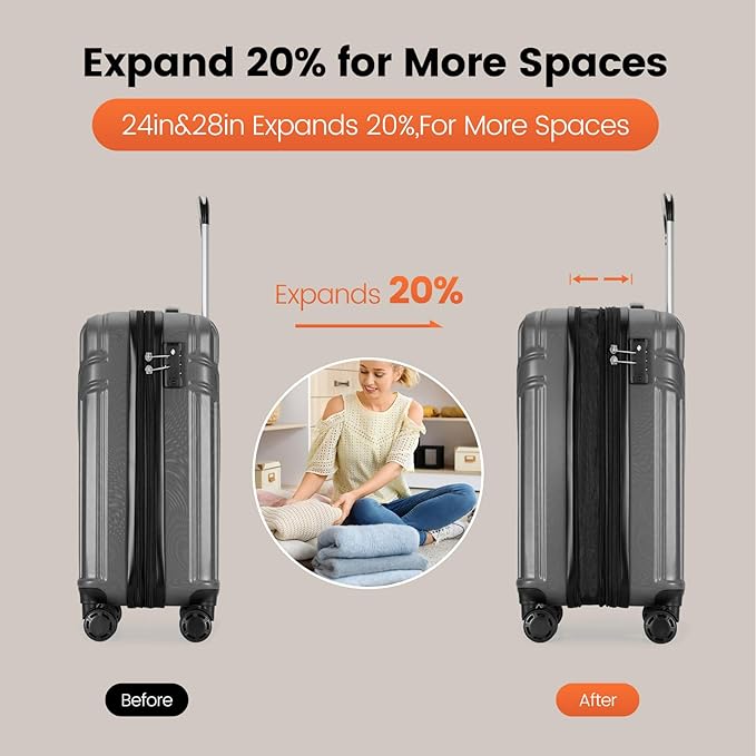 PRIMICIA GinzaTravel Luggage Sets 3-Piece Expandable Suitcases with Wheels PC+ABS Durable Hardside Luggage sets TSA lock (3-Piece Set(20"/25"/29"), Dark Gray)