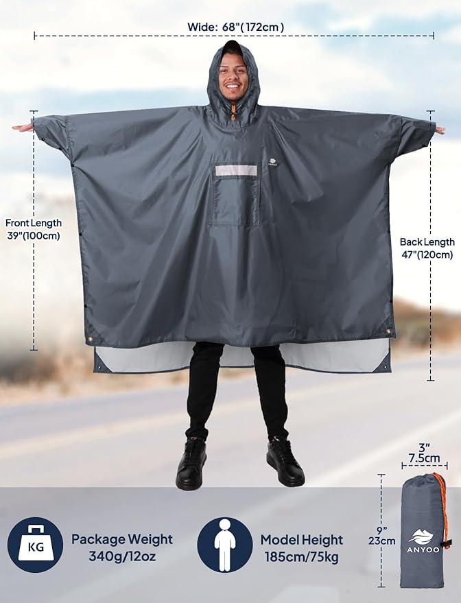 ANYOO Hooded Rain Poncho for Adults Waterproof Lightweight Rain Coat for Men Women Reusable Rain Jacket for Emergency Outdoor