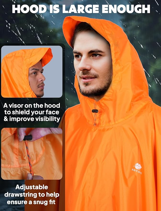 ANYOO Hooded Rain Poncho for Adults Waterproof Lightweight Rain Coat for Men Women Reusable Rain Jacket for Emergency Outdoor