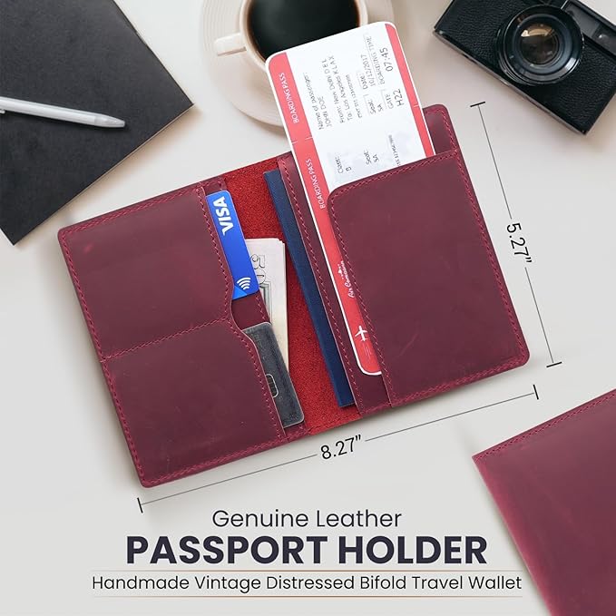 Leather Passport Holder with Travel Wallet, Genuine Leather Passport Cover- Passport Wallet, Leather Folding Wallet for Passports (Straight Cut, Red)
