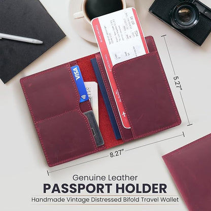 Leather Passport Holder with Travel Wallet, Genuine Leather Passport Cover- Passport Wallet, Leather Folding Wallet for Passports (Straight Cut, Red)