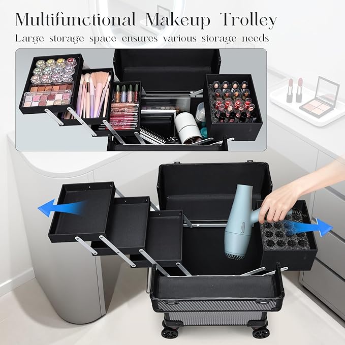 Rolling Makeup Case, Cosmetology Case on Wheels Makeup Train Case Professional Vanity Case with Trays for Women Large Travel Makeup Box Organizer Makeup Trolley on Wheels with Key,Ashy Grey