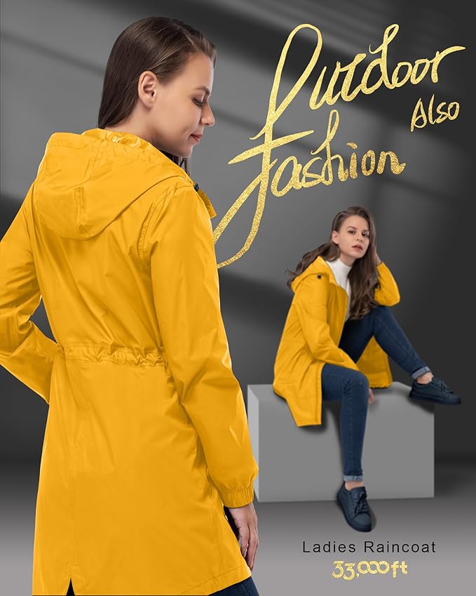 33,000ft Women's Waterproof Long Rain Coats Packable Rain Jacket with Hood Trench Coats Windbreaker