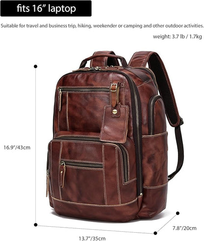 LANNSYNE Full Grain Leather Backpack For Men, Fits 16" Laptop, Coffee