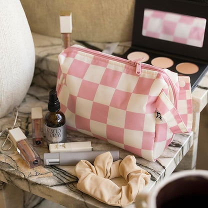 Tiny Twinkle Waterproof Travel Toiletry & Makeup Bag Organizer | Makeup Pouch with Multiple Compartments & Snap Handle for Travel | Gift for Teen Girls and Women（Pink Checkers