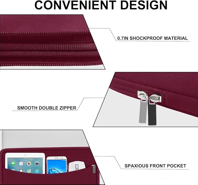 Laptop Sleeve 15.6 inch, Shockproof Protective Laptop Cover Briefcase Carrying Bag with Accessory Pocket, Portable Computer Case Compatible with MacBook, HP, Dell, Lenovo, Asus, Wine Red