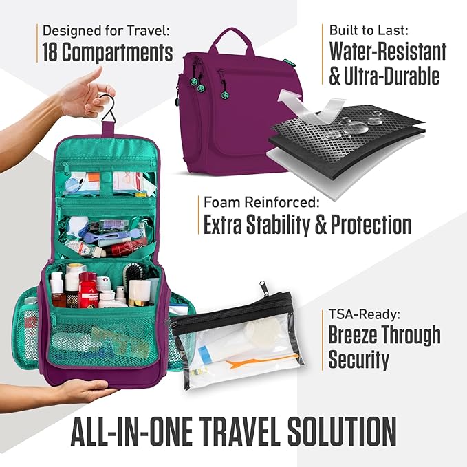 VENTURE 4TH Hanging Travel Toiletry Bag for Women & Men – Large Toiletry Organizer with 18 Compartments, Removable TSA Pouch, Travel Wash Bag for Toiletries, Makeup & Shaving Kit (Purple/Mint)