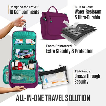 VENTURE 4TH Hanging Travel Toiletry Bag for Women & Men – Large Toiletry Organizer with 18 Compartments, Removable TSA Pouch, Travel Wash Bag for Toiletries, Makeup & Shaving Kit (Purple/Mint)