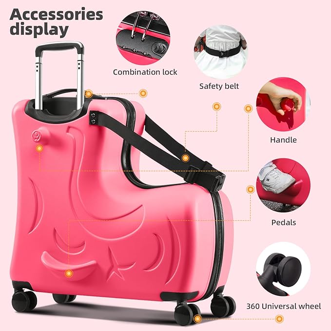 Ride On Suitcase for Kids with 4 Spinner Wheels for Girls and Boys, Rolling Childrens Travel Suitcase with Seat and Safety Belt for Toddler Ages 6-12, 25 Inch, Red