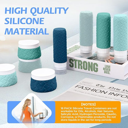 16 Pack Travel Bottles for Toiletries, TSA Approved Travel Size Toiletries Containers Set, BPA-Free Silicone Leak Proof Refillable Bottles Stackable Creams Jars Accessories Kit W/Clear Bag Mint Green