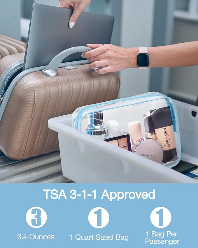 BAGSMART Clear Toiletry Bag, 2 Pack TSA Approved Travel Toiletry bag Carry on Travel Accessories Bag Airport Airline Quart Size Bags Water Repellent Makeup Cosmetic Bag for Women (Blue-2Pcs)