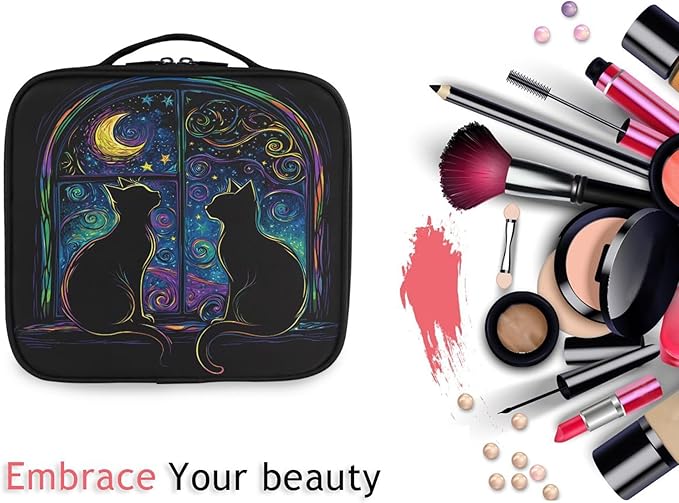 MNSRUU Travel Makeup Bag, Two Black Cats in A Window Women Makeup Case Organizer Cosmetic Toiletry Bag for Teenage Girl with Adjustable Dividers