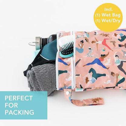 Bumkins - Waterproof Wet and Wetdry Bags - For Beach, Baby, Travel, Swim Suit, Cloth Diapers, Pump Parts, Pool, Gym, Toiletries - Reusable & Easy to Clean - Yoga Pals - 2 Pack