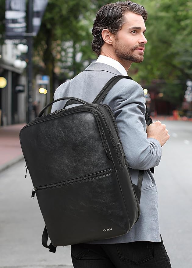 Shrrie Vegan Leather Laptop Backpack for Women&Men,16 Inch Expandable Backpack with USB Charging Port,Two-toned Black
