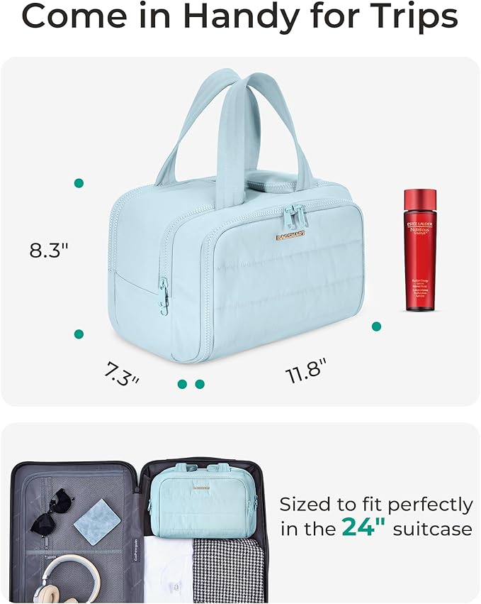 BAGSMART Travel Toiletry Bag, Crush Toiletry Bag for Women, Wide-open Puffy Toiletry Bags for Traveling, Large Travel Cosmetic Makeup Bag Organizer for Accessories,Toiletrie, Blue