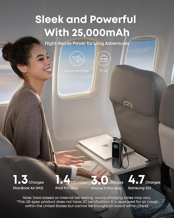 Anker Laptop Power Bank, 25,000mAh Portable Charger with Triple 100W USB-C Ports, Built-in Retractable Cables, Flight-Approved for Travel, iPhone 17/16 Series, MacBook, Samsung, and More