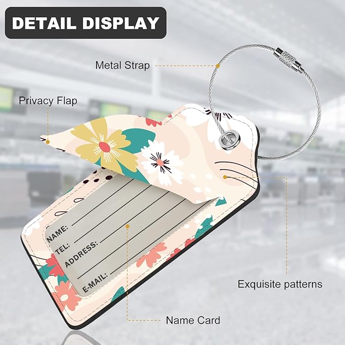 2Pack Luggage Tags for Suitcases, Cute Unique Pu Leather Cruise Luggage Tag with Privacy Cover ID Label Address Card and Metal Ring Suitable for Women Men Kids Travel Bag Pink Green Crushed Flower