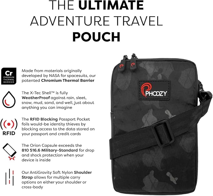 PHOOZY Orion Insulated Tech Bag For Travel - NASA Insulation Protects Your Phone, AirPods and Other Devices. Weatherproof X-Tech Shell with RFID Blocking Pocket for Complete Protection (BLACK CAMO)