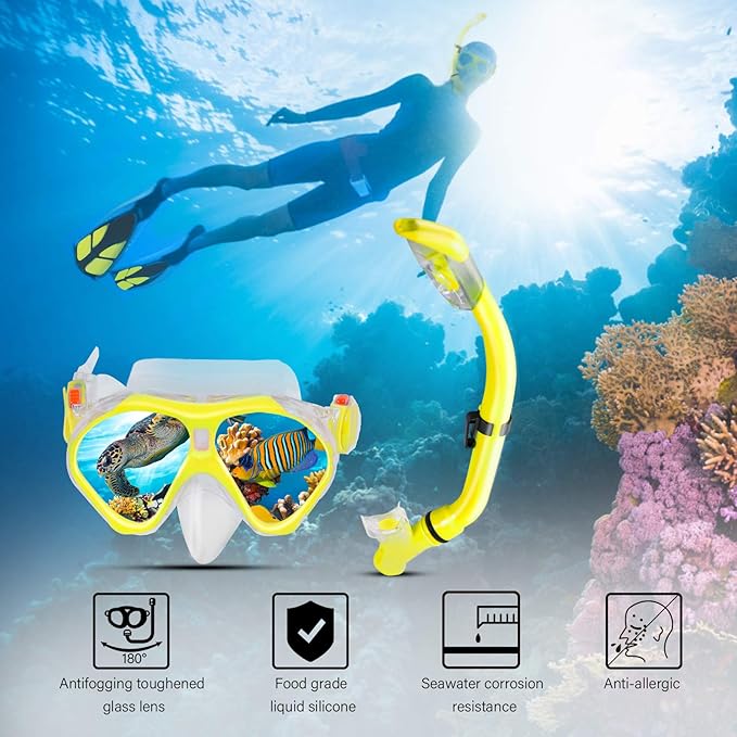 Kids Snorkeling Set Children Mask Fin Snorkel Set Snorkeling Gear Snorkel Mask + Adjustable Swimming Kids Flippers+ Dry Snorkel Tube + Travel Bags
