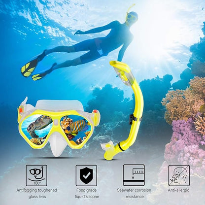 Kids Snorkeling Set Children Mask Fin Snorkel Set Snorkeling Gear Snorkel Mask + Adjustable Swimming Kids Flippers+ Dry Snorkel Tube + Travel Bags