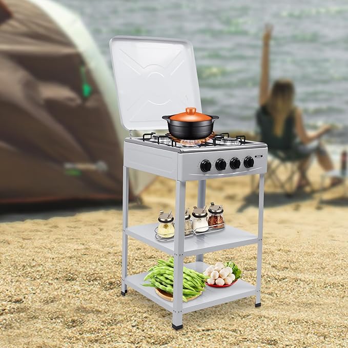 Natural Gas Stove, 4 Burner, Auto Ignition Portable Gas Stove with Support Leg Stand and Wind Blocking Cover Adapter for Rv Apartment Outdoor Cooking (White)