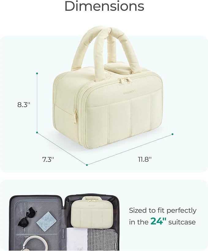 BAGSMART Travel Toiletry Bag, Puffy Large Toiletry Bag for Women, Lightweight Cosmetic Makeup Bag Organizer with Handle for Traveling, Accessories, Essentials, Toiletries （Beige
