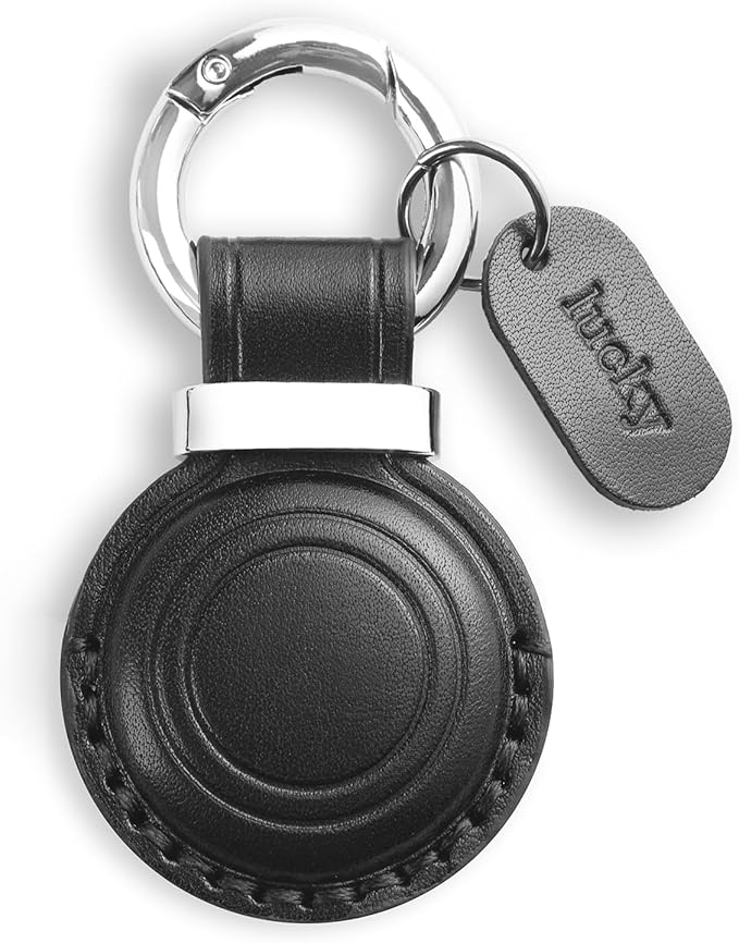 Genuine Leather Keychain Holder Compatible with AirTag - Secure Case Cover Key Ring Chain Fob Accessories Intended for Air Tag - Black