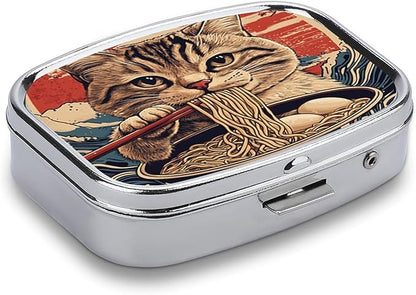 Metal 2 Compartment Pill Organizer Travel Friendly Portable Compact Pill Box Cute Pill Case,for Pocket Wallets Daily Portable Medicine Vitamin Tablet Storage (A cat Eating Noodles)