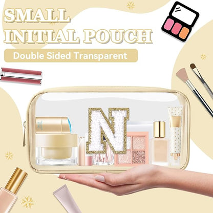 Small Clear Personalized Initial Makeup Bag,Nylon Preppy A-Z Chenille Letter Patch Cosmetic Pouch Beach Toiletry Bag,Waterproof Zipper Travel Purse Storage Bag Organizer for Women Girls(Beige-White N)