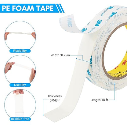 3M 1600T Double Sided Tape, PE Foam Tape 0.75" x 18 Ft White Removable Strong Adhesive No Residue for RV Picture Hanging, Posters Frames Wall Decor Indoor & Outdoor Use(2 Pack)