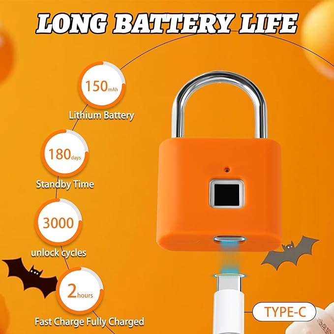 UMIKSMART Padlock, Keyless Fingerprint Padlock with USB Charging, Gym Lockers, School Lockers, Luggage, Storage Boxes, Cabinets, Backpack, Halloween Gifts(Spooky Orange)