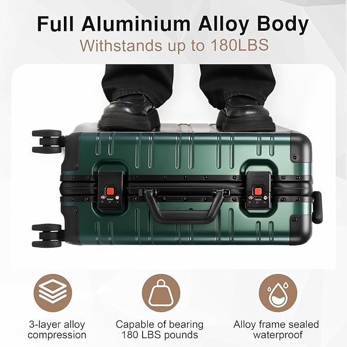 All Aluminum 24 Inch Check In Luggage Hard Shell Suitcases with Spinner Wheels and TSA Lock, Checked Medium Suitcase (Dark Green)