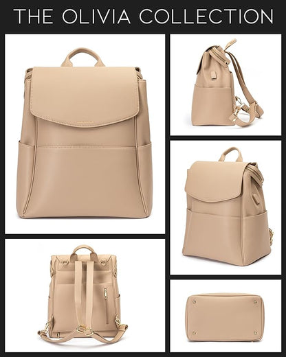 MIA + SOPHIA Leather Diaper Bag Backpack with USB Charging port, Changing Pad, Stroller Straps, and Bottle Holder (Beige Olivia)