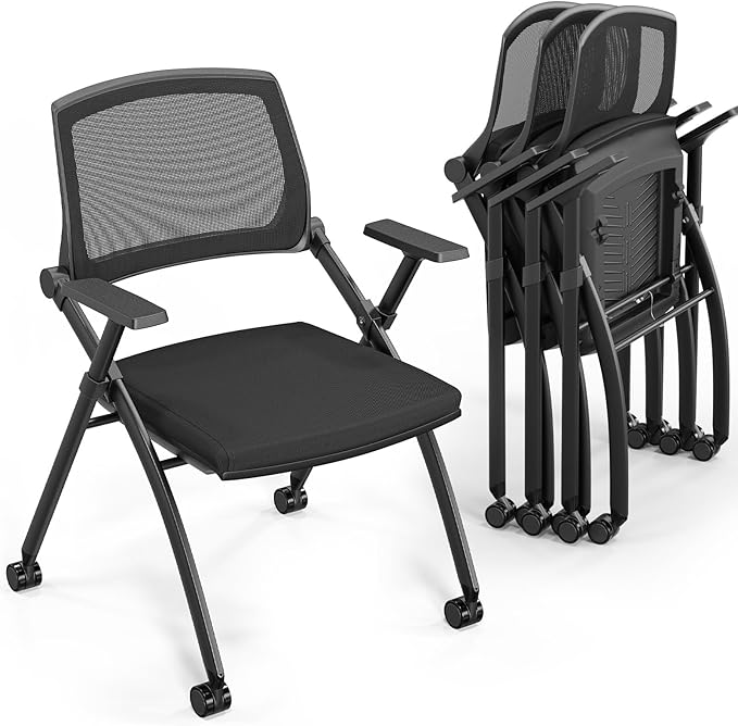 VINGLI 4 Pack Stackable Conference Room Chairs with Wheels, Folding Office Chair with Rebound Back, Padded Seat for Training Room, Guest, Reception, Event, Capacity 350lbs, Black