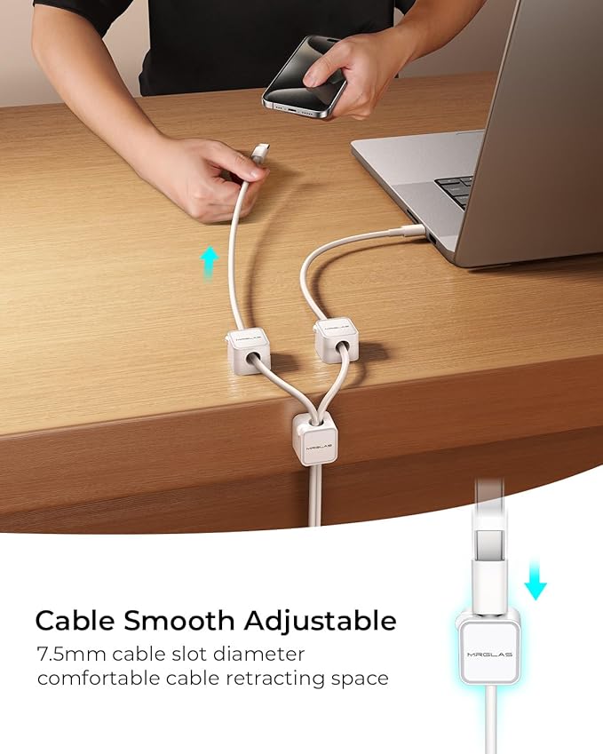 MRGLAS 20-Pack Magnetic Cable Management Cord Organizer,[1s Lock] Cable Holder Clips -Desk Cable Clips [Cable Smooth Adjustable], Adhesive Wire Organizer Keeper for Nightstand Desktop Wall Car Office