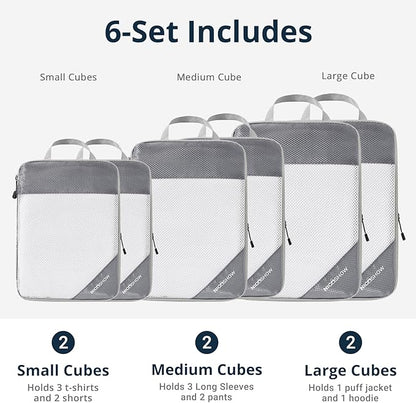 6 Set Compression Packing Cubes for Travel - Compressible, Lightweight, and Space-Saving Packing Cubes, Travel Essentials for Women, Grey