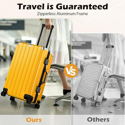 Krute Checked Aluminum Frame Suitcase 24 Inch Zipperless Luggages Hardside PC Luggage With Spinner Wheels TSA Lock USB Charger Suitcases(1 Piece)