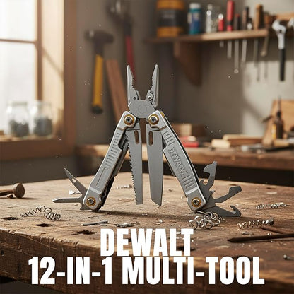 DEWALT 12-in-1 Multi-Tool with Pliers, Knife, Saw, Screwdrivers, Bottle & Can Opener – Stainless Steel Folding Pocket Tool with Sheath & Belt Clip for Construction, Trades & Jobsite Use