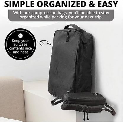 8 Piece Compression Packing Cubes Set - Double Capacity Design for Travel - Small, Medium & Large Sizes - Carry-On Suitcase Organizer Bags (Black)