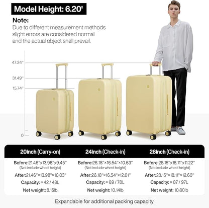 mixi 20 Inch Large Expandable Carry on Luggage Suitcase with Spinner Wheels, Hardside Rolling Travel Suitcase PC with TSA Lock, Lark Yellow